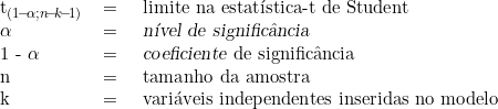  \begin{tabular}{lcl} t_{(1\!-\! \alpha;n\!-\!k\!-\!1)}\ & = & \ limite\ na\ estatística-t\ de\ Student\ \\ \alpha\ & = & \textsl{ nível\ de\ significância} \\ 1 - \alpha\ & = & \textsl{ coeficiente}\ de\ significância\ \\ n\ & = & \  tamanho\ da\ amostra\ \\ k\ & = & \ variáveis\ independentes\  inseridas\ no\ modelo\ \end{tabular} 