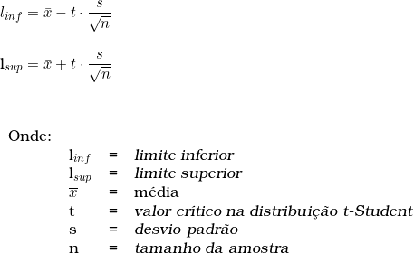  l_{inf} = \bar{x} -t \cdot \dfrac{s}{\sqrt{n}} \\ \indexspace   l_{sup} = \bar{x} + t \cdot \dfrac{s}{\sqrt{n}} \\ \vspace{1cm} \\ \begin{tabular}{llcl} Onde: & & & \\ & l_{inf} & = & \textsl{limite inferior} \\  & l_{sup} & =  & \textsl{limite superior} \\ &  \overline{x} & = & m&eacute;dia \\ & t & = & \textsl{valor cr&iacute;tico na distribui&ccedil;&atilde;o t-Student} \\ & s & = & \textsl{desvio-padr&atilde;o} \\ & n & = & \textsl{tamanho da amostra} \end{tabular}  