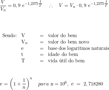   \dfrac{V}{V_n} = 0,9\ e^{-1,2375 \tfrac{t}{T}} \quad \therefore \quad V = V_n \cdot 0,9\  e^{-1,2375 \tfrac{t}{T}} \\  \\  \\  \begin{tabular}{W{l}{1cm}W{l}{1cm}W{l}{0.2cm}W{l}{4cm}} \\  Sendo: & V & = & valor do bem \\  & V_n & = & valor do bem novo \\  & e & = & base dos logaritmos naturais \\  & t & = & idade do bem \\  & T & = & vida útil do bem \\  \end{tabular}  \vspace{1cm} \\  \textsl{e} =  \left(1 + \dfrac{1}{n} \right)^n \quad para\ \textsl{n} = 10^6,\ \textsl{e}\ =\  2,718280 \\  