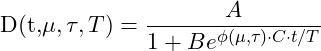   D(t,\mu,{\tau},T) = \dfrac{A}{1 + B \codt e^{{\phi(\mu,\tau)} \cdot {C} \cdot t \slash T}} \\ 