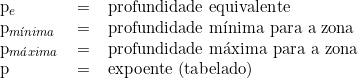 \begin{tabular}{lll} \\ p_e & = & profundidade equivalente \\ p_{mínima} & = & profundidade mínima para a zona \\ p_{máxima} & = & profundidade máxima para a zona \\ p & = &  expoente (tabelado) \\  \end{tabular}  