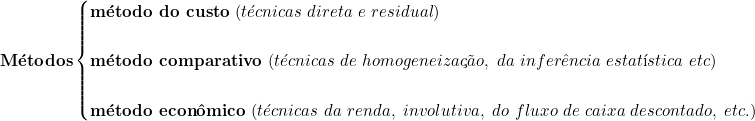   \textbf{Métodos}  \begin{cases} \textbf{método do custo}\ (técnicas\ direta\ e\ residual) \\ \\ \textbf{método comparativo}\ (técnicas\ de\ homogeneização,\ da\ inferência\ estatística\ etc) \\  \\ \textbf{método econômico}\ (técnicas\ da\ renda,\ involutiva,\ do\ fluxo\ de\ caixa\ descontado,\ etc.) \end{cases} \\ 