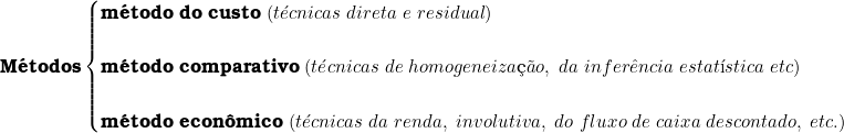   \textbf{M&eacute;todos}  \begin{cases} \textbf{m&eacute;todo do custo}\ (t&eacute;cnicas\ direta\ e\ residual) \\ \\ \textbf{m&eacute;todo comparativo}\ (t&eacute;cnicas\ de\ homogeneiza&ccedil;&atilde;o,\ da\ infer&ecirc;ncia\ estat&iacute;stica\ etc) \\  \\ \textbf{m&eacute;todo econ&ocirc;mico}\ (t&eacute;cnicas\ da\ renda,\ involutiva,\ do\ fluxo\ de\ caixa\ descontado,\ etc.) \end{cases} \\ 