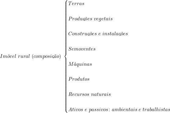  Imóvel\ rural\ (composição)\ \begin{cases} Terras \\ \\ Produções\ vegetais \\ \\ Construções\ e\ instalações \\ \\ Semoventes \\ \\ Máquinas \\ \\ Produtos \\ \\ Recursos\ naturais \\ \\ Ativos\ e\ passivos \colon ambientais\ e\ trabalhistas \\ \end{cases} 