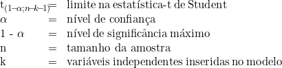  \begin{tabular}{W{l}{1.2cm}W{c}{0.2cm}W{l}{4cm}} t_{(1\!-\! \alpha;n\!-\!k\!-\!1)}\ & = &  limite\ na\ estatística-t\ de\ Student\ \\ \alpha\ & = & nível\ de\ confiança \\ 1 - \alpha\ & = & nível\ de\  significância\ máximo \\ n\ & = &  tamanho\ da\ amostra\ \\ k\ & = &  variáveis\ independentes\  inseridas\ no\ modelo\ \end{tabular} 