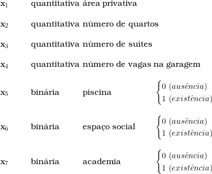  \begin{tabular}{p{1cm}p{2cm}p{3cm}p{5cm}} \\  x_1 & quantitativa & \multicolumn{2}{l}{&aacute;rea privativa} \\ & & & \\  x_2 & quantitativa & \multicolumn{2}{l}{n&uacute;mero de quartos} \\ & & & \\  x_3 & quantitativa & \multicolumn{2}{l}{n&uacute;mero de su&iacute;tes} \\ & & & \\  x_4 & quantitativa & \multicolumn{2}{l}{n&uacute;mero de vagas na garagem} \\  & & & \\  x_5 & bin&aacute;ria & piscina & \begin{cases}   0\ (aus&ecirc;ncia) \\ 1\ (exist&ecirc;ncia) \end{cases} \\ \\  x_6 & bin&aacute;ria & espa&ccedil;o social & \begin{cases}  0\ (aus&ecirc;ncia) \\ 1\ (exist&ecirc;ncia) \end{cases} \\ \\  x_7 & bin&aacute;ria & academia & \begin{cases}  0\ (aus&ecirc;ncia) \\ 1\ (exist&ecirc;ncia) \end{cases} \\ \\  \end{tabular}  