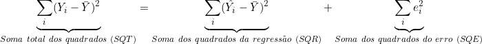   \underbrace{\sum_i (Y_i-\bar{Y})^2}_{Soma\ total\ dos\ quadrados\ (SQT)} = \underbrace{\sum_i (\hat{Y}_i - \bar{Y})^2}_{Soma\ dos\ quadrados\ da\ regressão\ (SQR)} + \underbrace{\sum_i e_i^2}_{Soma\ dos\ quadrados\ do\ erro\ (SQE)}  