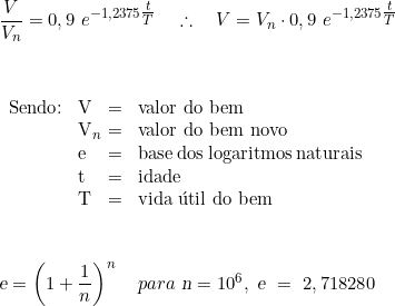  \dfrac{V}{V_n} = 0,9\ e^{-1,2375 \tfrac{t}{T}} \quad \therefore \quad V = V_n \cdot 0,9\  e^{-1,2375 \tfrac{t}{T}} \\  \\  \\ \begin{tabular}{W{l}{1cm}W{l}{0.2cm}W{l}{0.2cm}W{l}{4cm}} \\ Sendo: & V & = & valor do bem \\ & V_n & = & valor do bem novo \\ & e & = & base dos logaritmos naturais \\ & t & = & idade \\ & T & = & vida útil do bem \\ \end{tabular} \vspace{1cm} \\ \textsl{e} =  \left(1 + \dfrac{1}{n} \right)^n \quad para\ \textsl{n} = 10^6,\ \textsl{e}\ =\  2,718280 