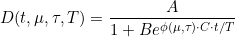  D(t,\mu,{\tau},T) = \dfrac{A}{1 + B \codt e^{{\phi(\mu,\tau)} \cdot {C} \cdot t \slash T}} \\ 