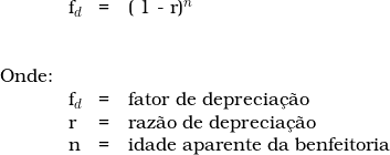  \begin{tabular}{W{l}{1cm}W{l}{0.2cm}W{l}{0.2cm}W{l}{8cm}} \\ &  f_d & = & ( 1 - r)^n}  \\ & & & \\ & & & \\ Onde: & & & \\ & f_d &  = & fator de deprecia&ccedil;&atilde;o \\ & r &  = & raz&atilde;o de deprecia&ccedil;&atilde;o \\ & n &  = & idade aparente da benfeitoria \\   \end{tabular} 