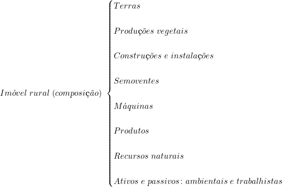  Im&oacute;vel\ rural\ (composi&ccedil;&atilde;o)\ \begin{cases} Terras \\ \\ Produ&ccedil;&otilde;es\ vegetais \\ \\ Constru&ccedil;&otilde;es\ e\ instala&ccedil;&otilde;es \\ \\ Semoventes \\ \\ M&aacute;quinas \\ \\ Produtos \\ \\ Recursos\ naturais \\ \\ Ativos\ e\ passivos \colon ambientais\ e\ trabalhistas \\ \end{cases} 