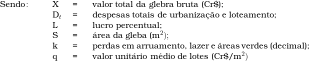   \begin{tabular}{p{2cm}p{0.5cm}p{0.5cm}p{10cm}}  Sendo\colon & X & = & valor total da glebra bruta (Cr\$); \\  & D_t & = & despesas totais de urbaniza&ccedil;&atilde;o e loteamento; \\  & L & = & lucro percentual; \\  & S & = & &aacute;rea da gleba (m^2); \\  & k & = & perdas em arruamento, lazer e &aacute;reas verdes (decimal); \\  & q & = & valor unit&aacute;rio m&eacute;dio de lotes (Cr\$/m^2)  & & & \\  \end{tabular}  