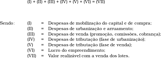  \begin{tabular}{p{2cm}p{0.8cm}p{0.2cm}p{12cm}}  & \multicolumn{3}{l}{(I) + (II) + (III) + (IV) + (V) + (VI) = (VII)} \\  & \\  & \\  & \\  Sendo\colon & (I) & = & Despesas de mobiliza&ccedil;&atilde;o do capital e de compra; \\  & (II) & = & Despesas de urbaniza&ccedil;&atilde;o e arruamento; \\  & (III) & = & Despesas de venda (promo&ccedil;&atilde;o, comiss&otilde;es, cobran&ccedil;a); \\  & (IV) & = & Despesas de tributa&ccedil;&atilde;o (fase de urbaniza&ccedil;&atilde;o); \\  & (V) & = & Despesas de tributa&ccedil;&atilde;o (fase de venda); \\  & (VI) & = & Lucro do empreendimento; \\  & (VII) & = & Valor realiz&aacute;vel com a venda dos lotes. \\  & & & \\  \end{tabular}  