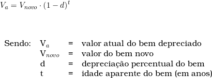  \vspace{0.5cm} \\ V_a = V_{novo} \cdot \left( 1 - d \right)^t \\ \vspace{0.5cm} \\ \begin{tabular}{llll} \\ Sendo: & V_a & = & valor atual do bem depreciado \\ & V_{novo} & = & valor do bem novo \\ & d & = & deprecia&ccedil;&atilde;o percentual do bem \\ & t & = & idade aparente do bem (em anos) \\ \end{tabular} 