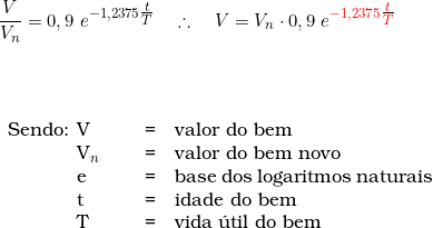   \dfrac{V}{V_n} = 0,9\ e^{-1,2375 \tfrac{t}{T}} \quad \therefore \quad V = V_n \cdot 0,9\  e^{\textcolor{red}{-1,2375} \tfrac{\textcolor{red}{t}}{\textcolor{red}{T}}} \\  \\  \\  \begin{tabular}{W{l}{1cm}W{l}{1cm}W{l}{0.2cm}W{l}{4cm}} \\  Sendo: & V & = & valor do bem \\  & V_n & = & valor do bem novo \\  & e & = & base dos logaritmos naturais \\  & t & = & idade do bem \\  & T & = & vida &uacute;til do bem \\  \end{tabular}  